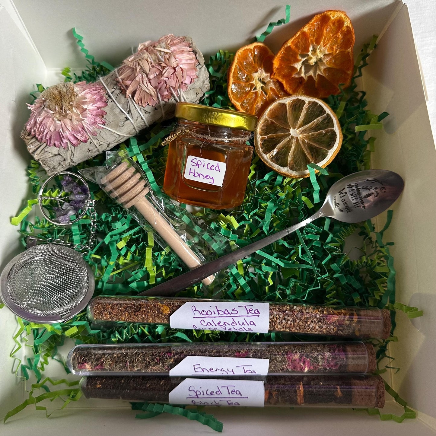 Herbal tea gift box tea diffuser honey spoon and sage