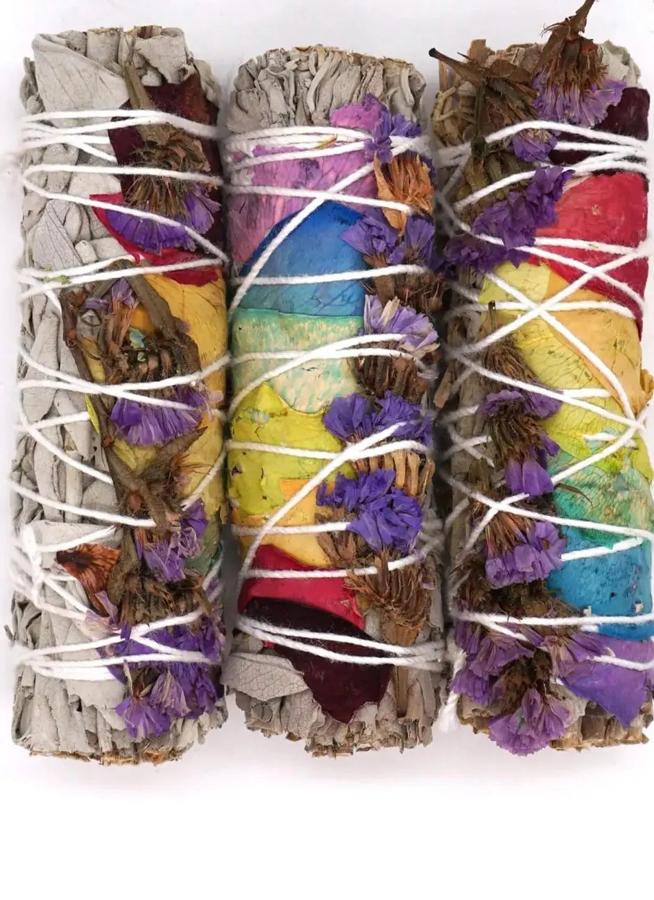 White sage bundle with 7 chakra roses and purple sinuatas